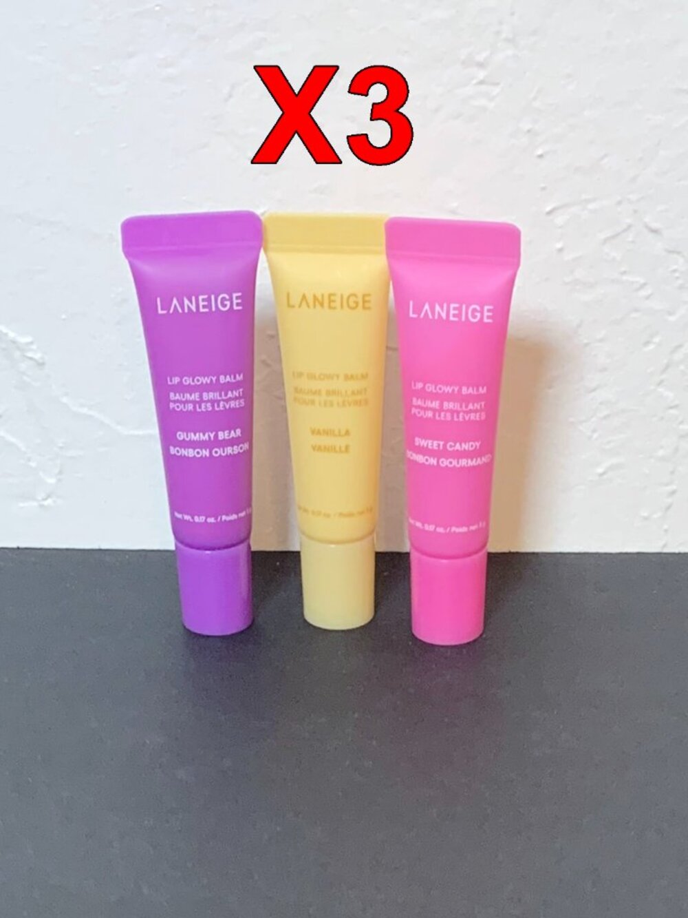 3 PACK Laneige Lip Glowy Balm Travel Size Sweet Candy Gummy Bear Vanilla 3x .17